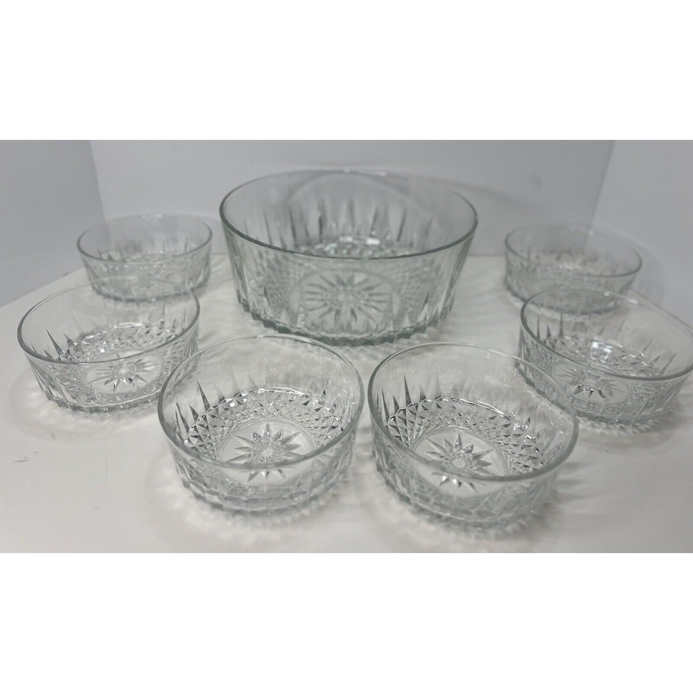 Arcoroc Of France Crystal Starburst Design Serving Dish And 6 Matching Bowls